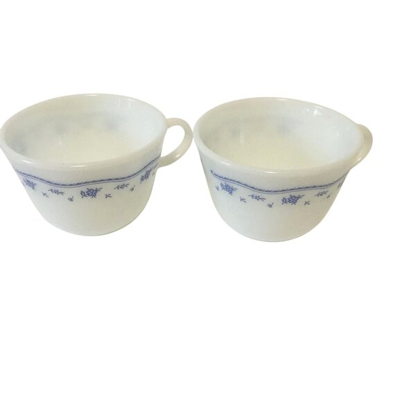 VTG Pyrex Morning Blue Mugs Set of 2 White Milk Glass Floral USA Cups - Picture 1 of 4